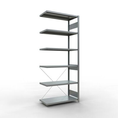 Anbauregal, Fachbodenregal Stecksystem MULTIplus250, 2500 x 1000 x 500 mm (HxBxT), 6 Fachböden, Kreuzstrebe, verzinkt