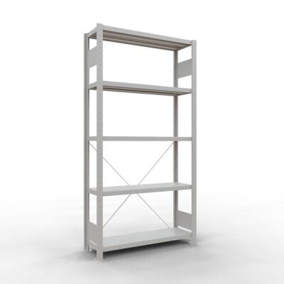 Grundregal, Fachbodenregal Stecksystem MULTIplus250, 2000 x 1000 x 300 mm (HxBxT), 5 Fachböden, Kreuzstrebe, RAL 7035 lichtgrau