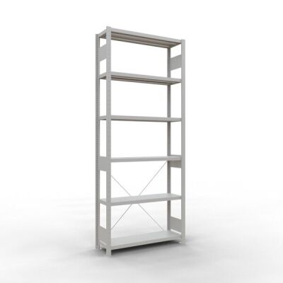 Grundregal, Fachbodenregal Stecksystem MULTIplus250, 2500 x 1000 x 300 mm (HxBxT), 6 Fachböden, Kreuzstrebe, RAL 7035 lichtgrau