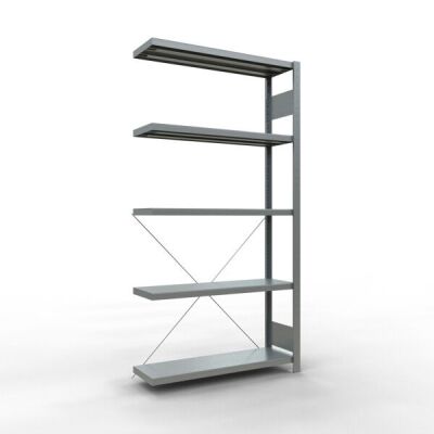 Anbauregal, Fachbodenregal Stecksystem MULTIplus250, 2000 x 1000 x 300 mm (HxBxT), 5 Fachböden, Kreuzstrebe, RAL 7035 lichtgrau