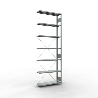 Anbauregal, Fachbodenregal Stecksystem MULTIplus250, 3000 x 1000 x 300 mm (HxBxT), 7 Fachböden, Kreuzstrebe, RAL 7035 lichtgrau