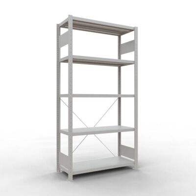 Grundregal, Fachbodenregal Stecksystem MULTIplus250, 3000 x 1000 x 400 mm (HxBxT), 7 Fachböden, Kreuzstrebe, RAL 7035 lichtgrau