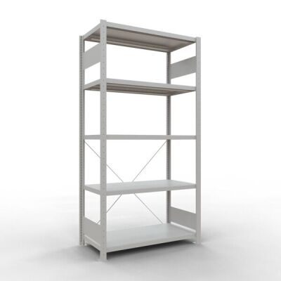 Grundregal, Fachbodenregal Stecksystem MULTIplus250, 2000 x 1000 x 500 mm (HxBxT), 5 Fachböden, Kreuzstrebe, RAL 7035 lichtgrau