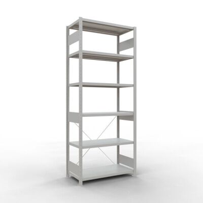 Grundregal, Fachbodenregal Stecksystem MULTIplus250, 2500 x 1000 x 500 mm (HxBxT), 6 Fachböden, Kreuzstrebe, RAL 7035 lichtgrau