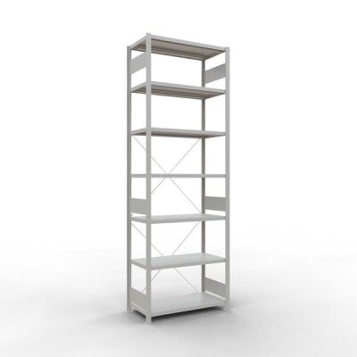 Grundregal, Fachbodenregal Stecksystem MULTIplus250, 3000 x 1000 x 500 mm (HxBxT), 7 Fachböden, Kreuzstrebe, RAL 7035 lichtgrau