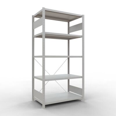 Grundregal, Fachbodenregal Stecksystem MULTIplus250, 2000 x 1000 x 600 mm (HxBxT), 5 Fachböden, Kreuzstrebe, RAL 7035 lichtgrau