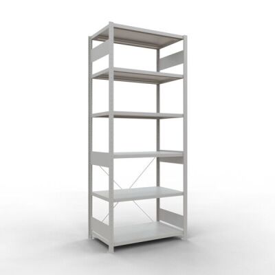 Grundregal, Fachbodenregal Stecksystem MULTIplus250, 2500 x 1000 x 600 mm (HxBxT), 6 Fachböden, Kreuzstrebe, RAL 7035 lichtgrau