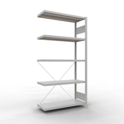 Anbauregal, Fachbodenregal Stecksystem MULTIplus250, 2000 x 1000 x 600 mm (HxBxT), 5 Fachböden, Kreuzstrebe, RAL 7035 lichtgrau