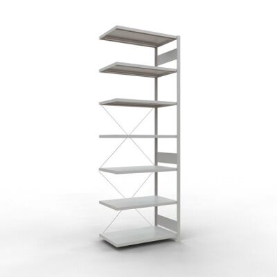 Anbauregal, Fachbodenregal Stecksystem MULTIplus250, 3000 x 1000 x 600 mm (HxBxT), 7 Fachböden, Kreuzstrebe, RAL 7035 lichtgrau