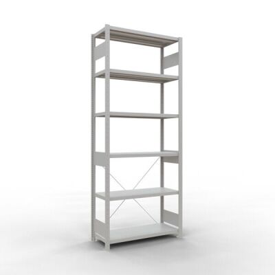 Grundregal, Fachbodenregal Stecksystem MULTIplus250, 2500 x 1000 x 800 mm (HxBxT), 6 Fachböden, Kreuzstrebe, RAL 7035 lichtgrau