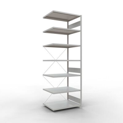 Anbauregal, Fachbodenregal Stecksystem MULTIplus250, 3000 x 1000 x 800 mm (HxBxT), 7 Fachböden, Kreuzstrebe, RAL 7035 lichtgrau