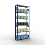 Grundregal, Fachbodenregal Stecksystem MULTIplus250, 2500 x 1000 x 300 mm (HxBxT), 6 Fachböden, Kreuzstrebe, RAL 5010 enzianblau/verzinkt