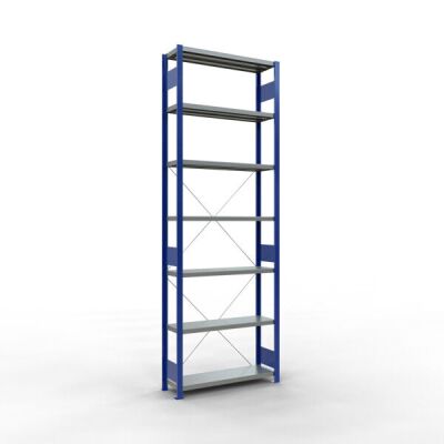 Grundregal, Fachbodenregal Stecksystem MULTIplus250, 3000 x 1000 x 300 mm (HxBxT), 7 Fachböden, Kreuzstrebe, RAL 5010 enzianblau/verzinkt