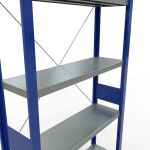 Grundregal, Fachbodenregal Stecksystem MULTIplus250, 3000 x 1000 x 300 mm (HxBxT), 7 Fachböden, Kreuzstrebe, RAL 5010 enzianblau/verzinkt