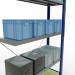 Anbauregal, Fachbodenregal Stecksystem MULTIplus250, 2000 x 1000 x 300 mm (HxBxT), 5 Fachböden, Kreuzstrebe, RAL 5010 enzianblau/verzinkt