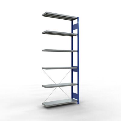 Anbauregal, Fachbodenregal Stecksystem MULTIplus250, 2500 x 1000 x 300 mm (HxBxT), 6 Fachböden, Kreuzstrebe, RAL 5010 enzianblau/verzinkt