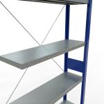 Anbauregal, Fachbodenregal Stecksystem MULTIplus250, 3000 x 1000 x 300 mm (HxBxT), 7 Fachböden, Kreuzstrebe, RAL 5010 enzianblau/verzinkt