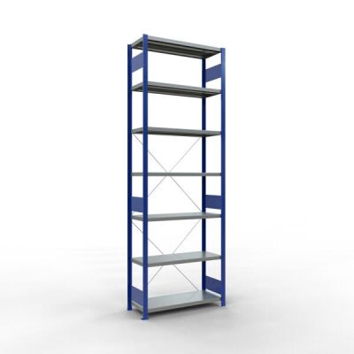 Grundregal, Fachbodenregal Stecksystem MULTIplus250, 3000 x 1000 x 400 mm (HxBxT), 7 Fachböden, Kreuzstrebe, RAL 5010 enzianblau/verzinkt