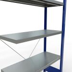 Anbauregal, Fachbodenregal Stecksystem MULTIplus250, 2000 x 1000 x 400 mm (HxBxT), 5 Fachböden, Kreuzstrebe, RAL 5010 enzianblau/verzinkt