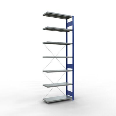 Anbauregal, Fachbodenregal Stecksystem MULTIplus250, 3000 x 1000 x 400 mm (HxBxT), 7 Fachböden, Kreuzstrebe, RAL 5010 enzianblau/verzinkt