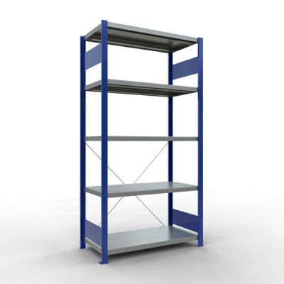Grundregal, Fachbodenregal Stecksystem MULTIplus250, 2000 x 1000 x 500 mm (HxBxT), 5 Fachböden, Kreuzstrebe, RAL 5010 enzianblau/verzinkt