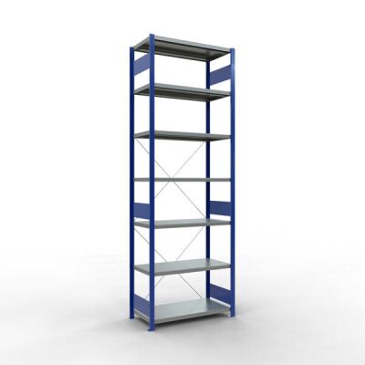 Grundregal, Fachbodenregal Stecksystem MULTIplus250, 3000 x 1000 x 500 mm (HxBxT), 7 Fachböden, Kreuzstrebe, RAL 5010 enzianblau/verzinkt