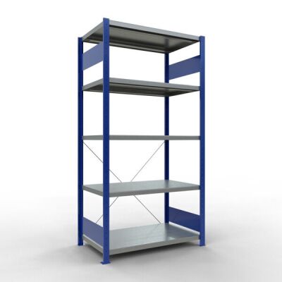Grundregal, Fachbodenregal Stecksystem MULTIplus250, 2000 x 1000 x 600 mm (HxBxT), 5 Fachböden, Kreuzstrebe, RAL 5010 enzianblau/verzinkt