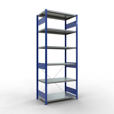 Grundregal, Fachbodenregal Stecksystem MULTIplus250, 2500 x 1000 x 600 mm (HxBxT), 6 Fachböden, Kreuzstrebe, RAL 5010 enzianblau/verzinkt