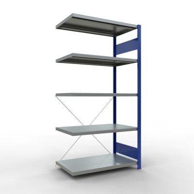 Anbauregal, Fachbodenregal Stecksystem MULTIplus250, 2000 x 1000 x 600 mm (HxBxT), 5 Fachböden, Kreuzstrebe, RAL 5010 enzianblau/verzinkt