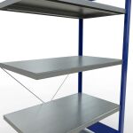 Anbauregal, Fachbodenregal Stecksystem MULTIplus250, 2000 x 1000 x 600 mm (HxBxT), 5 Fachböden, Kreuzstrebe, RAL 5010 enzianblau/verzinkt