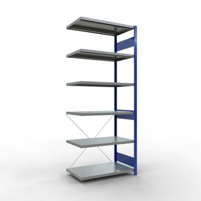 Anbauregal, Fachbodenregal Stecksystem MULTIplus250, 2500 x 1000 x 600 mm (HxBxT), 6 Fachböden, Kreuzstrebe, RAL 5010 enzianblau/verzinkt