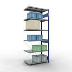 Anbauregal, Fachbodenregal Stecksystem MULTIplus250, 2500 x 1000 x 600 mm (HxBxT), 6 Fachböden, Kreuzstrebe, RAL 5010 enzianblau/verzinkt