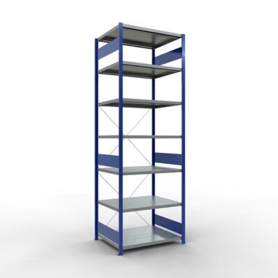 Grundregal, Fachbodenregal Stecksystem MULTIplus250, 3000 x 1000 x 800 mm (HxBxT), 7 Fachböden, Kreuzstrebe, RAL 5010 enzianblau/verzinkt