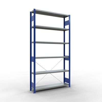 Grundregal, Fachbodenregal Stecksystem MULTIplus250, 2500 x 1300 x 300 mm (HxBxT), 6 Fachböden, Kreuzstrebe, RAL 5010 enzianblau/verzinkt