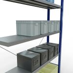 Anbauregal, Fachbodenregal Stecksystem MULTIplus250, 2000 x 1300 x 300 mm (HxBxT), 5 Fachböden, Kreuzstrebe, RAL 5010 enzianblau/verzinkt