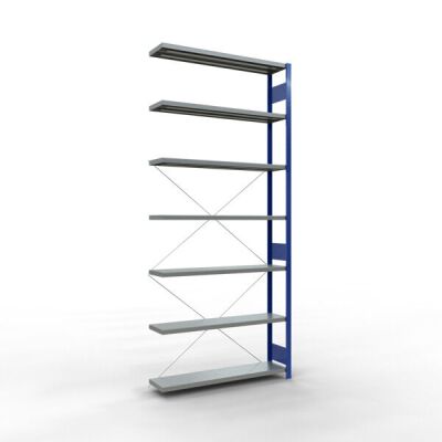 Anbauregal, Fachbodenregal Stecksystem MULTIplus250, 3000 x 1300 x 300 mm (HxBxT), 7 Fachböden, Kreuzstrebe, RAL 5010 enzianblau/verzinkt