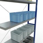 Anbauregal, Fachbodenregal Stecksystem MULTIplus250, 3000 x 1300 x 300 mm (HxBxT), 7 Fachböden, Kreuzstrebe, RAL 5010 enzianblau/verzinkt