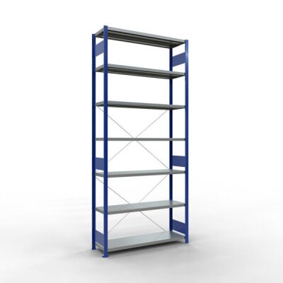 Grundregal, Fachbodenregal Stecksystem MULTIplus250, 3000 x 1300 x 400 mm (HxBxT), 7 Fachböden, Kreuzstrebe, RAL 5010 enzianblau/verzinkt