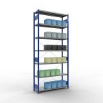 Grundregal, Fachbodenregal Stecksystem MULTIplus250, 3000 x 1300 x 400 mm (HxBxT), 7 Fachböden, Kreuzstrebe, RAL 5010 enzianblau/verzinkt