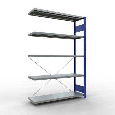 Anbauregal, Fachbodenregal Stecksystem MULTIplus250, 2000 x 1300 x 400 mm (HxBxT), 5 Fachböden, Kreuzstrebe, RAL 5010 enzianblau/verzinkt