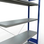 Anbauregal, Fachbodenregal Stecksystem MULTIplus250, 2000 x 1300 x 400 mm (HxBxT), 5 Fachböden, Kreuzstrebe, RAL 5010 enzianblau/verzinkt