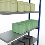 Anbauregal, Fachbodenregal Stecksystem MULTIplus250, 2500 x 1300 x 400 mm (HxBxT), 6 Fachböden, Kreuzstrebe, RAL 5010 enzianblau/verzinkt