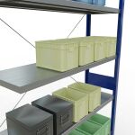 Anbauregal, Fachbodenregal Stecksystem MULTIplus250, 3000 x 1300 x 400 mm (HxBxT), 7 Fachböden, Kreuzstrebe, RAL 5010 enzianblau/verzinkt