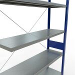 Anbauregal, Fachbodenregal Stecksystem MULTIplus250, 3000 x 1300 x 400 mm (HxBxT), 7 Fachböden, Kreuzstrebe, RAL 5010 enzianblau/verzinkt