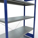 Grundregal, Fachbodenregal Stecksystem MULTIplus250, 2000 x 1300 x 500 mm (HxBxT), 5 Fachböden, Kreuzstrebe, RAL 5010 enzianblau/verzinkt