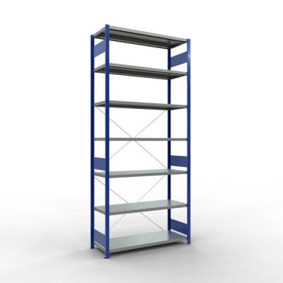 Grundregal, Fachbodenregal Stecksystem MULTIplus250, 3000 x 1300 x 500 mm (HxBxT), 7 Fachböden, Kreuzstrebe, RAL 5010 enzianblau/verzinkt