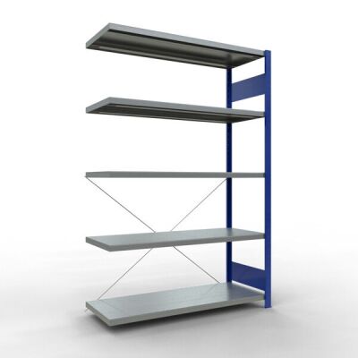 Anbauregal, Fachbodenregal Stecksystem MULTIplus250, 2000 x 1300 x 500 mm (HxBxT), 5 Fachböden, Kreuzstrebe, RAL 5010 enzianblau/verzinkt