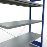 Anbauregal, Fachbodenregal Stecksystem MULTIplus250, 2000 x 1300 x 500 mm (HxBxT), 5 Fachböden, Kreuzstrebe, RAL 5010 enzianblau/verzinkt