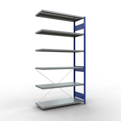 Anbauregal, Fachbodenregal Stecksystem MULTIplus250, 2500 x 1300 x 500 mm (HxBxT), 6 Fachböden, Kreuzstrebe, RAL 5010 enzianblau/verzinkt