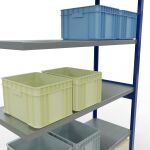 Anbauregal, Fachbodenregal Stecksystem MULTIplus250, 2500 x 1300 x 500 mm (HxBxT), 6 Fachböden, Kreuzstrebe, RAL 5010 enzianblau/verzinkt